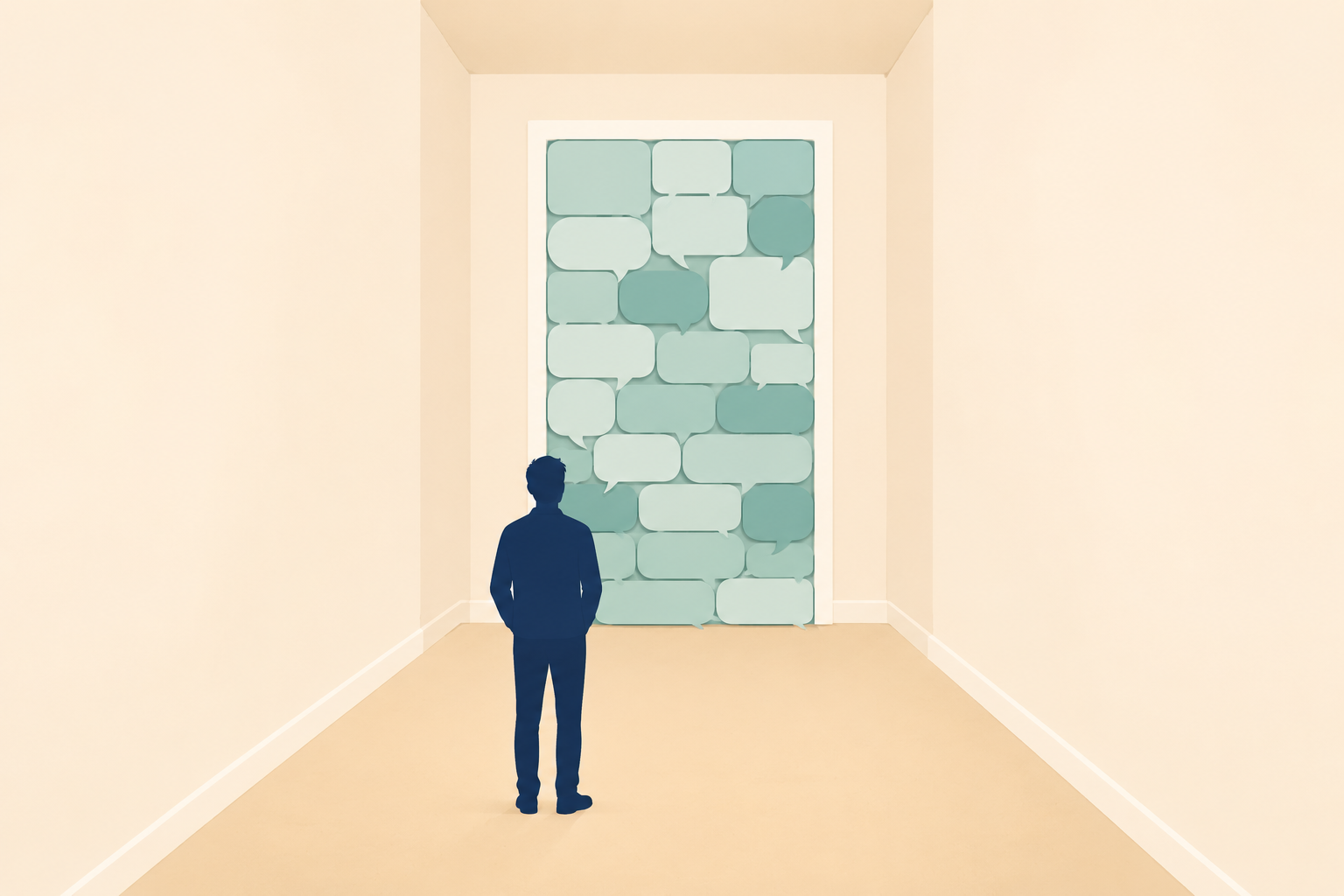 A silhouetted figure stands in a hallway facing a door made of stacked speech bubbles, symbolizing thought-terminating clichés that shut down conversation