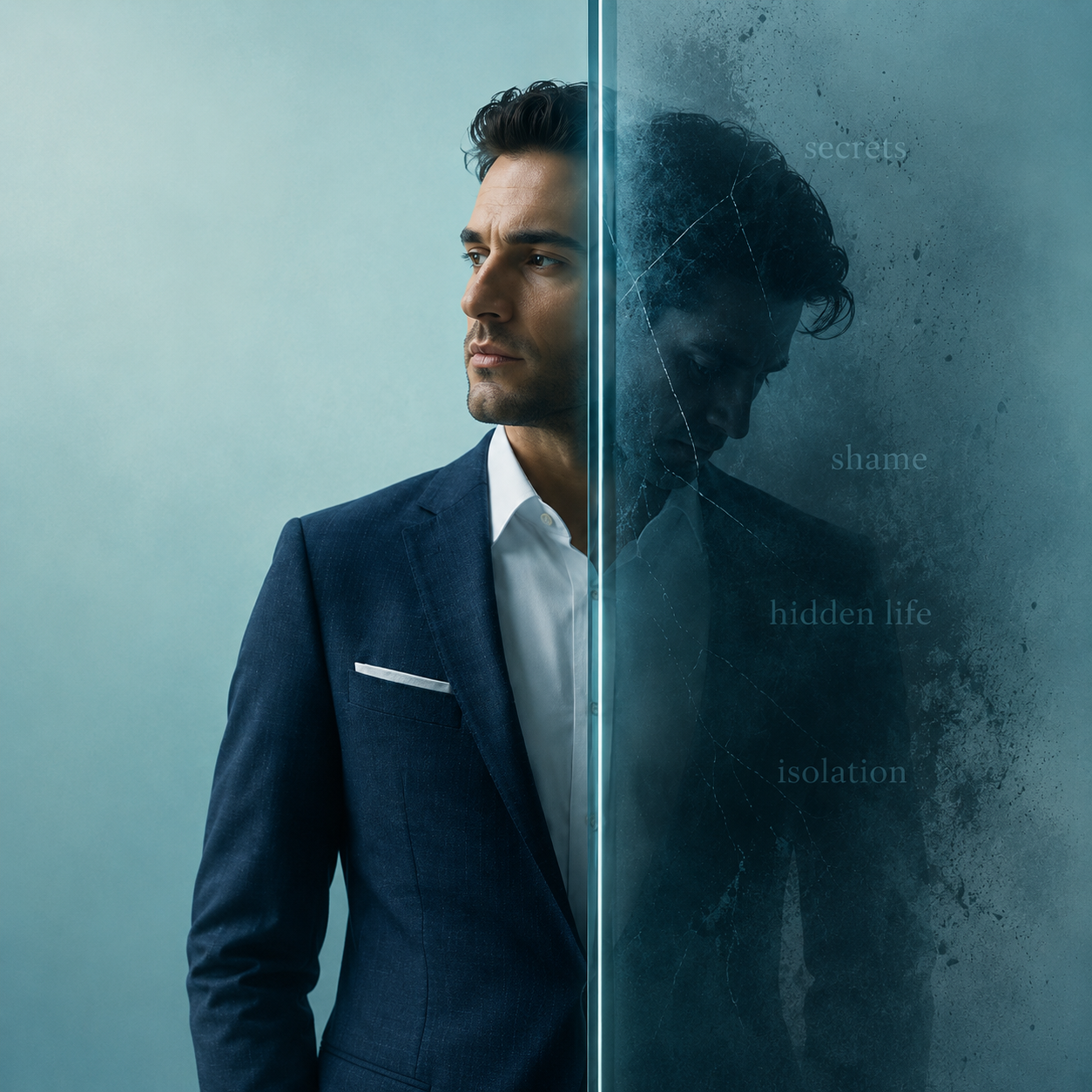 Man split by a cracked glass pane, with his reflection surrounded by the words secrets, shame, hidden life, and isolation, representing a hidden sexual life in a narcissistically abusive relationship